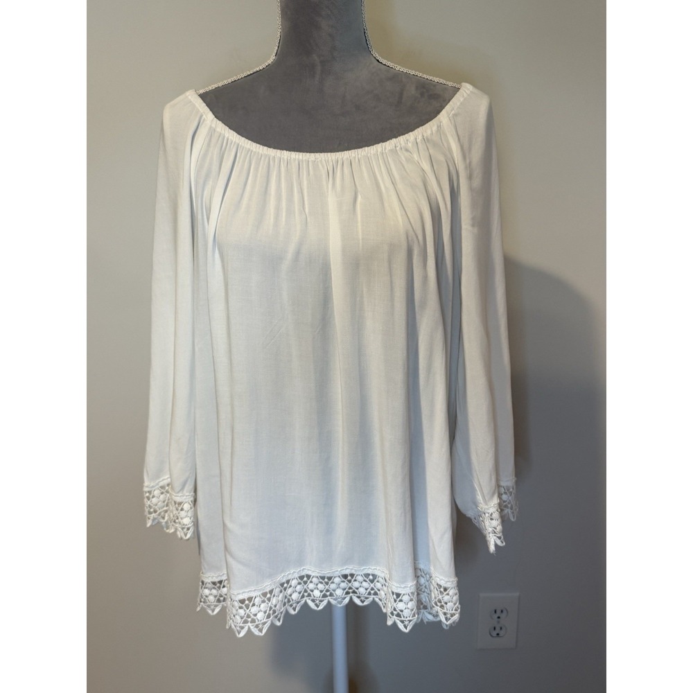 Spense Boho Festival Off-the-Shoulder White Blouse Top Crochet Trim Sz LG - Picture 2 of 7